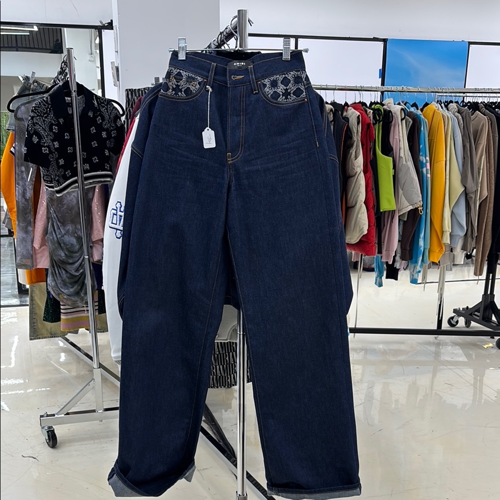 AMIRI Dark Blue Jeans with Patterned Pockets